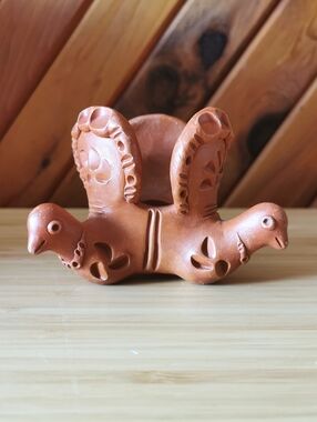 Vintage Handmade Terracotta 3 Bird Pottery Candle Holder Folk Art